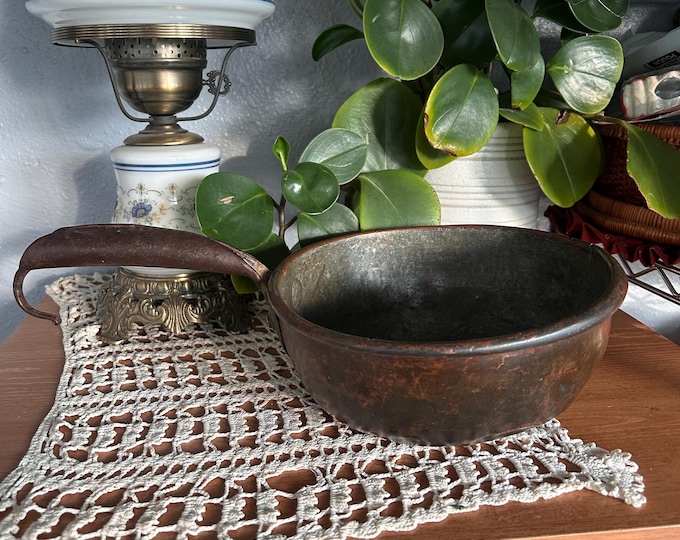 Antique Copper Saucepan Hand Hammered Iron Handle Primitive Farmhouse Kitchen Decor