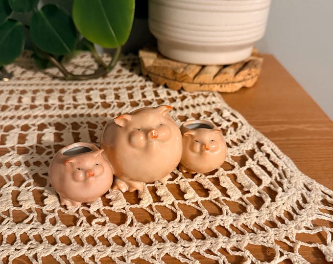 Vintage German Pink Ceramic Pig Family Planters Set 3 Mother Piglets