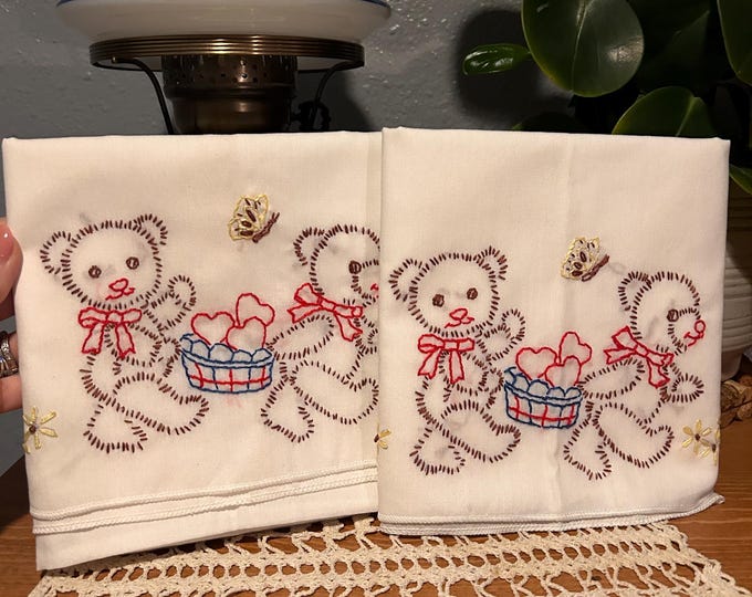 Vintage Hand Embroidered Teddy Bear Pillowcases Set | Cottagecore Scalloped Edge Linens