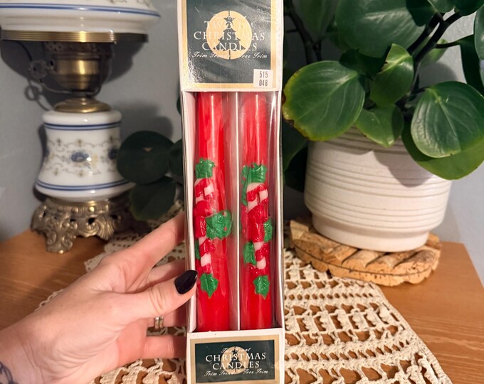 Vintage 1993 Christmas Taper Candles Red Holly Candy Cane NOS Sealed Set of 2