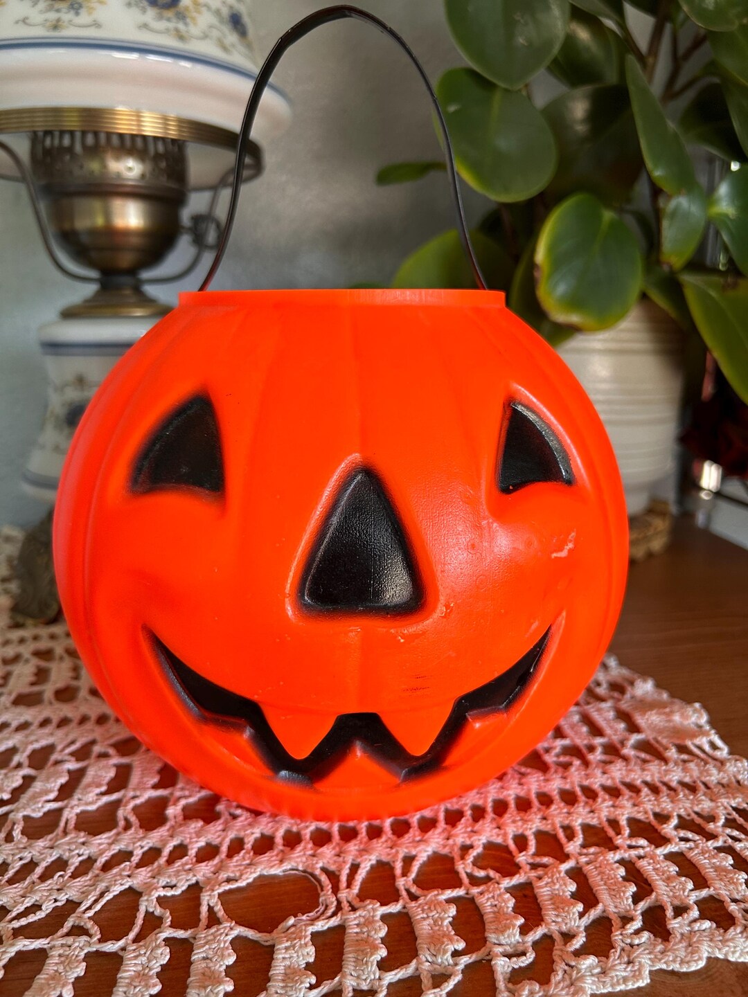Vintage Jack O Lantern Candy Bucket Orange Pumpkin Halloween Pail Retro ...