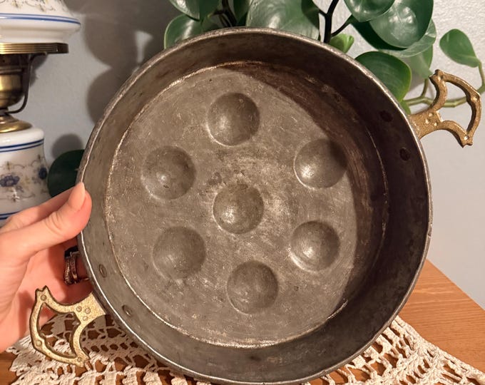 Antique Vintage Copper 7 Well Egg Poacher Escargot Pan Ornate Brass Handles