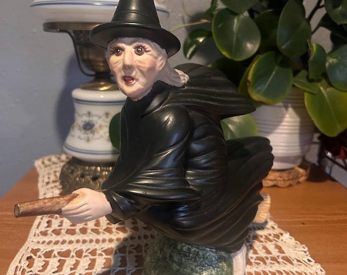 Vintage Flying Witch Ceramic Figurine Halloween Decor Hand Painted 1980s