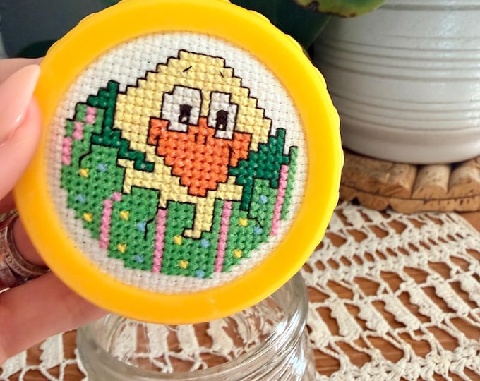 Vintage Cross Stitch Bird Jelly Jar Yellow Lid Handmade Embroidered Cottagecore