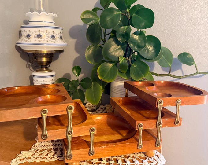 Vintage Mid Century Folding Wooden Buffet Tray Snack Server Brass Hardware MCM