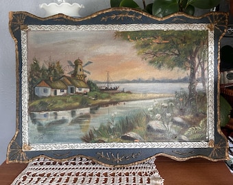 Cuadro al óleo enmarcado de 1938, paisaje europeo con molino de viento, estilo cottagecore, arte mural. Pintura original firmada.