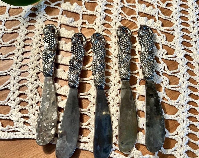 Vintage Art Nouveau Silver Cheese Spreader Knives W/ Grape Vine Design