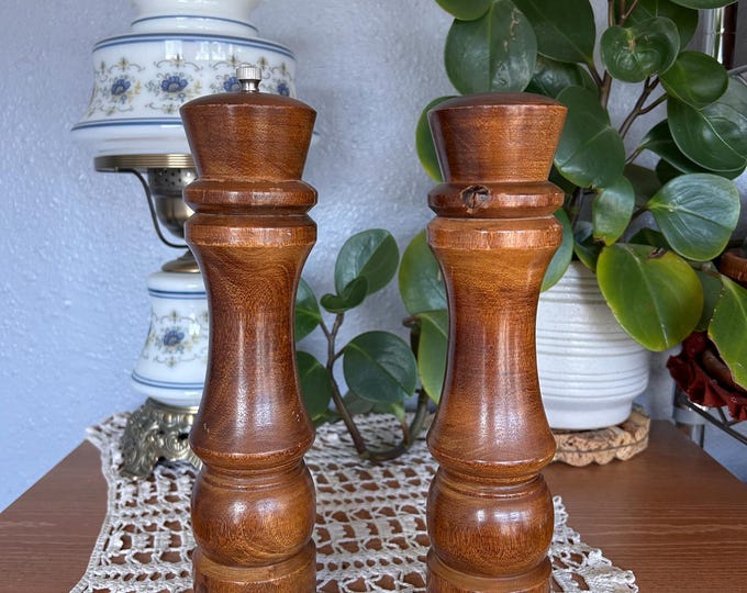 Vintage 1970s Hardwood Salt Pepper Shakers – 10 Inch Tall Retro Wood Patina