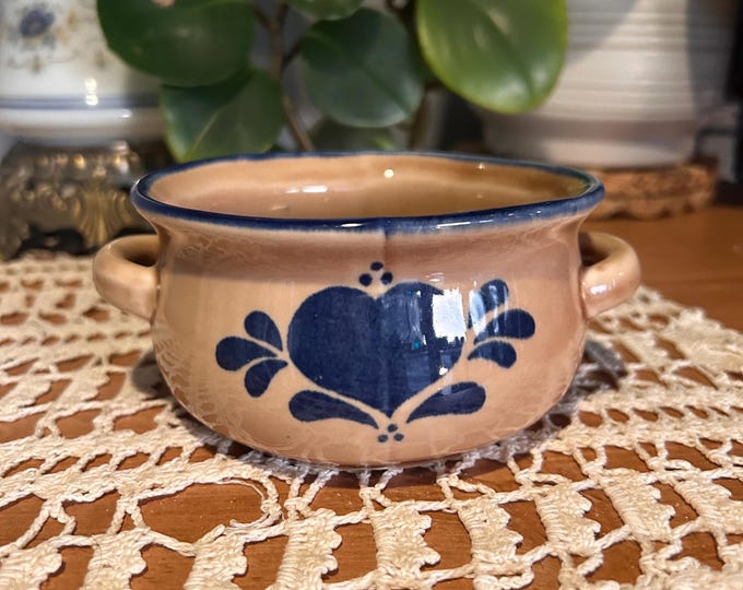 Vintage NCE 1986 Stoneware Double-Handled Soup Crock Bowl featuring a blue heart