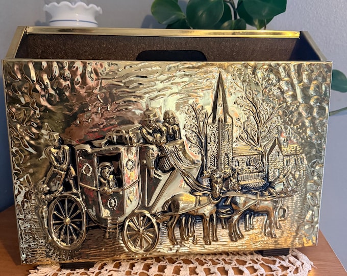 Vintage Embossed Brass Magazine Holder Horse Drawn Carriage European Village