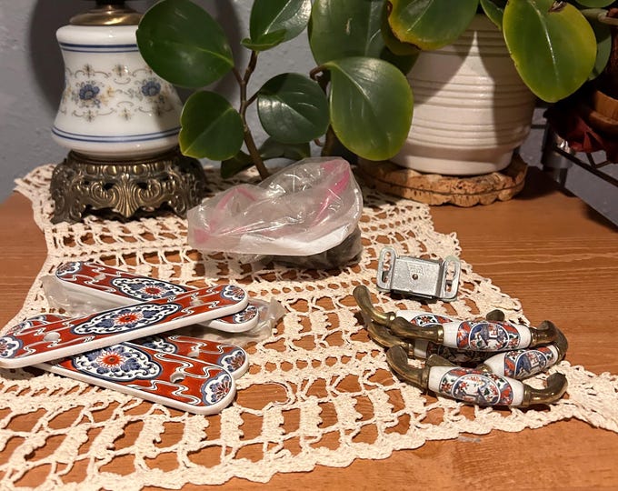 Vintage Belwith Asian Pattern Cabinet Drawer Pull Porcelain & Brass Set Of 5