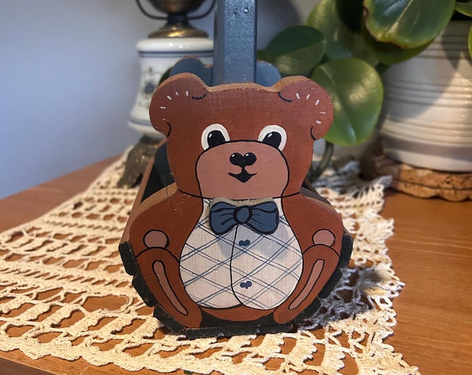 Hand-Painted Teddy Bear Caddy | Signed Folk Art Wooden Organizer, Nursery Decor