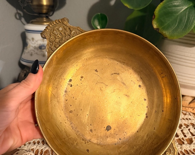 Vintage Italian Brass Footed Bowl Made in Italy Ornate Decorative Dish Gold Patina Jewelry Catchall