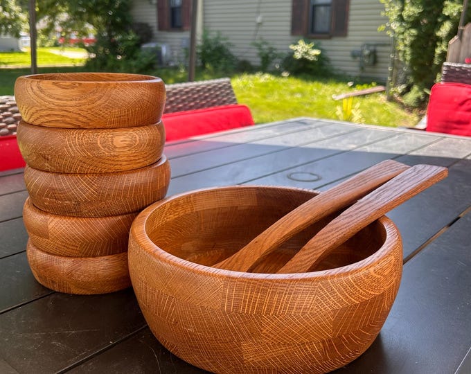 Vintage NativeWood Ozark Oak Salad Bowl Set, Genuine Missouri Harvest Oak, 5 Bowls Servers