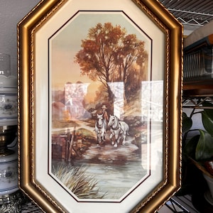 Vintage Home Interior Boy With Two Work Horses 22.5&quot; X 15&quot;  Signed Print