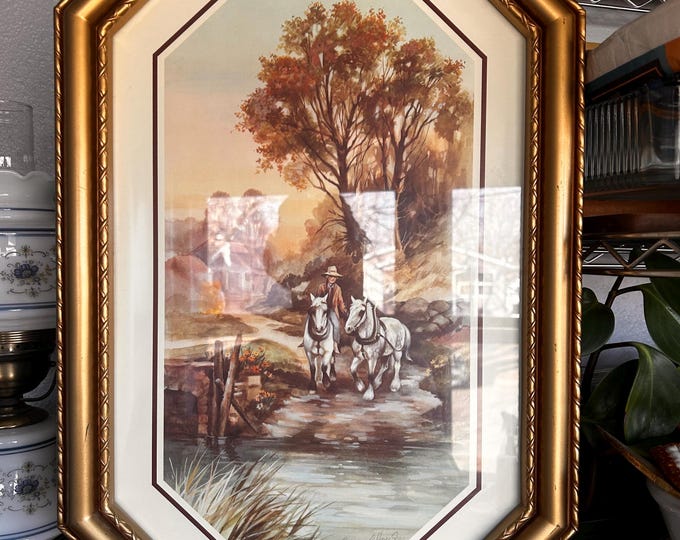 Vintage Home Interior Boy With Two Work Horses 22.5" X 15"  Signed Print