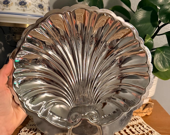 Vintage Shelton-Ware NYC Silver Shell Serving Dish | Scalloped Seashell Centerpiece | Silver Tone Pedestal Bowl | Hollywood Regency Decor