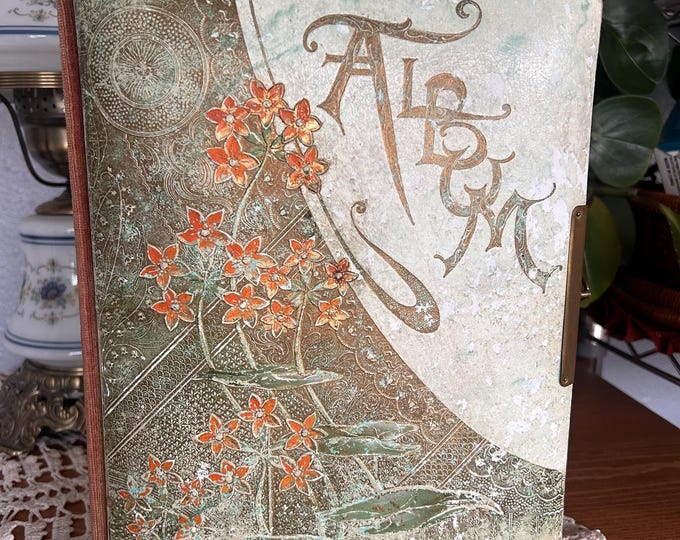Antique Photo Album Empty Victorian Embossed Floral Leather Cover. Velvet Spine