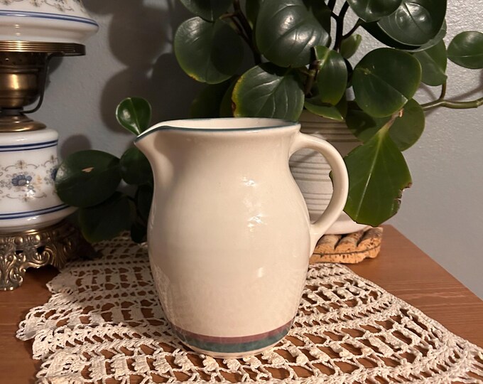 Vintage Pfaltzgraff Juniper Pitcher, Cream Green Burgundy Bands, Farmhouse Kitchen
