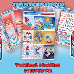 Summer Pops - Kit di adesivi per pianificatore settimanale Erin Condren, divertenti, estivi, adesivi in carta opaca, adesivi per diario, set di pianificatore verticale