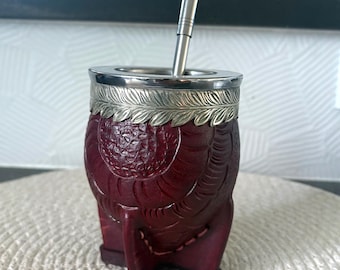 Handgjord argentinsk mate med slät alpackakant, Cincelado-band och bearbetat läder