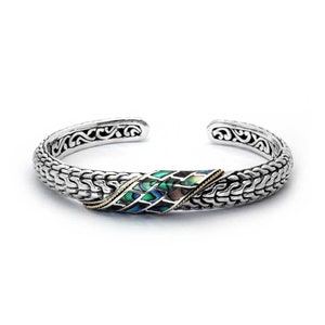 Sterling Silver Pāua Shell Bangle: 18K Gold Dragon Bone Cuff