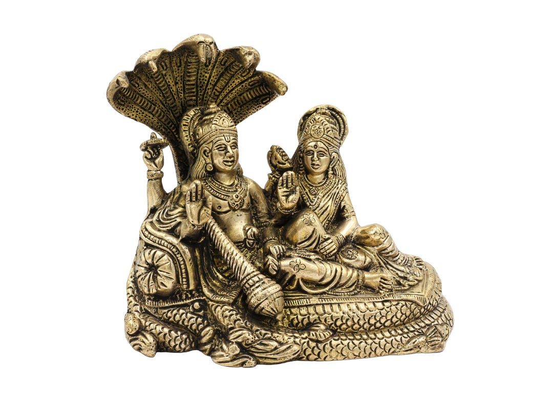 7-inch Nepali Statue of Vishnu and Laxmi, Sand Casting, Glossy ...