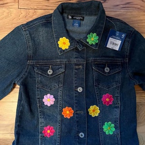 NWT Girls Denim Jacket, L14, Flower Patches and Appliques