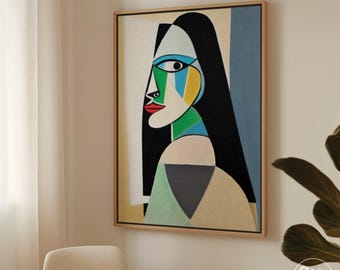 Picasso Cubist Woman Portrait Art Style, Cubism Geometric Portrait Art, Bold, Elegant, Chic, Warm, Sophisticated Framed Print Canvas S17N5