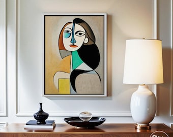 Cubist Woman Portrait, Cubist Picasso Style Art, Modern Woman Portrait, Stylish Wall Art, Chic Living Room Framed Art Print Canvas S17N9