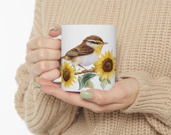Troglodytes avec tournesols, tasse en céramique (11 oz, 15 oz) - Cadeau pour amateur d&#39;oiseaux, tasse nature, tasse à café florale, tasse à thé jardin, verres en céramique