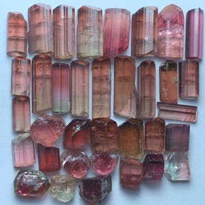 Puede incluir: Una colección de cristales de turmalina en bruto en varios tonos de rosa, melocotón y marrón. Los cristales son de diferentes tamaños y formas, algunos con facetas visibles y otros más redondeados. Las piedras preciosas están dispuestas sobre una superficie azul claro.