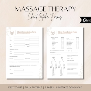 May include: A two-page printable client intake form for massage therapy. The form includes sections for client information, medical history, emergency contact, health insurance, and consent. The form also includes a diagram of the front and back of the body for clients to circle areas of discomfort.