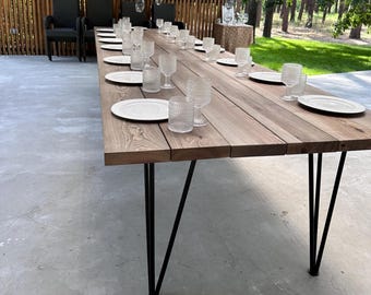 Farmhouse Outside Dining Table – Solid Wood, Black Metal Hairpin Legs