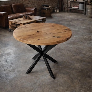 Round Dining Table: Solid Oak Wood Top Metal Base Gift for Apartment