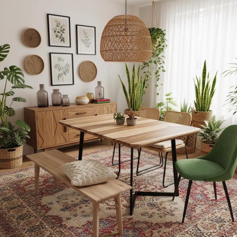 K&ouml;nnte beinhalten: Ein Esszimmer mit einem Holztisch, einer Bank, einem gr&uuml;nen Stuhl und einer Pendelleuchte aus Korbgeflecht. Der Raum ist mit Pflanzen, gerahmten botanischen Drucken und einem gemusterten Teppich dekoriert. Der Tisch ist etwa 150 cm lang.