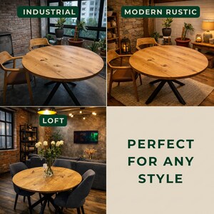 May include: A round wooden dining table with a natural grain finish and a black metal base. The table is shown in three different room settings labeled Industrial, Modern Rustic, and Loft, with the text Perfect for any style visible.