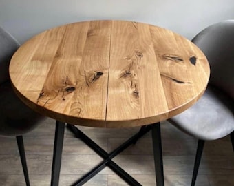 Round Extendable Dining Table, Solid Wood Kitchen Table with Metal Legs