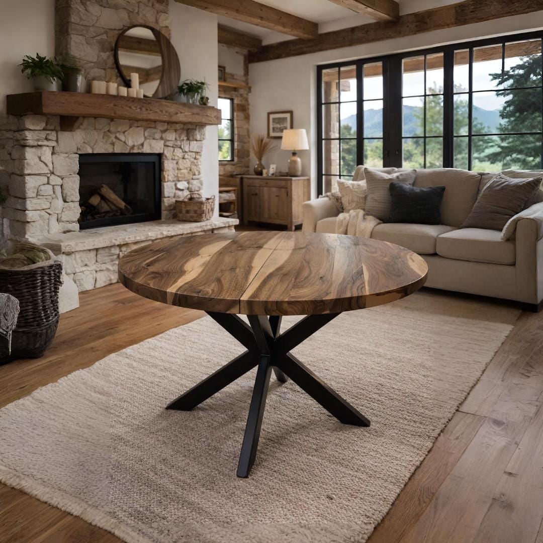 Round Solid Wood Dining Table, Walnut Top, Black Steel Base - Etsy