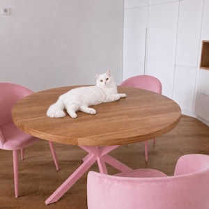 Peut inclure: Une table à manger ronde en bois avec un piètement rose et quatre chaises roses. Un chat blanc est allongé sur la table. La table est en bois et a une finition naturelle. Les chaises sont recouvertes de tissu rose.