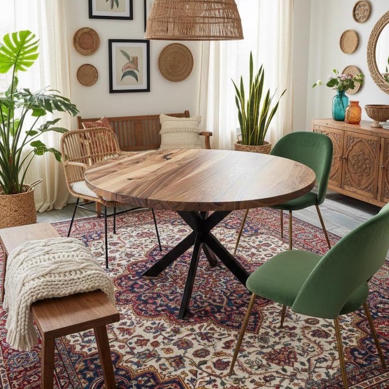 May include: A round wooden dining table with a dark metal base, surrounded by two green velvet chairs, a rattan chair, and a wooden bench with a cream-colored cable knit throw blanket, all placed on a large patterned area rug in a room.