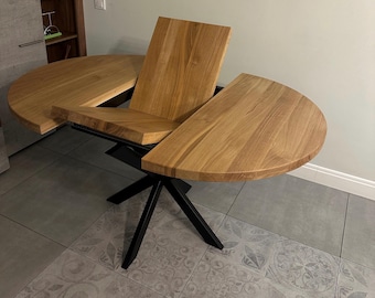 Extendable European Oak Dining Table: Round Modern Table with Spider Legs