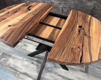 Extendable Walnut Dining Table: Solid Wood Gift with Black Metal Legs