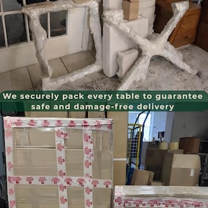 May include: Furniture components wrapped in clear plastic film, including a rectangular frame and an X-shaped base, alongside a large cardboard box secured with white tape printed with the text: We securely pack every table to guarantee safe and damage-free delivery.
