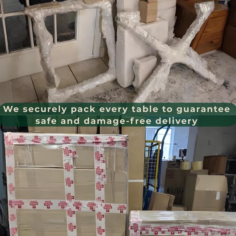 May include: Furniture components wrapped in clear plastic film, including a rectangular frame and an X-shaped base, alongside a large cardboard box secured with white tape printed with the text: We securely pack every table to guarantee safe and damage-free delivery.