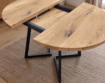 Table de salle à manger extensible, chêne, pieds noirs, bois naturel, cadeau familial