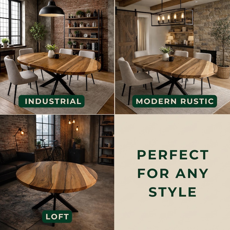 May include: A round wooden dining table with a natural wood grain pattern and a black metal X-shaped base. The table is shown in three different room settings labeled as Industrial, Modern Rustic, and Loft, with the text Perfect for any style.