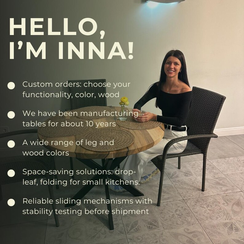 May include: A round wooden dining table with a black metal base, featuring a natural wood grain top. The table is surrounded by dark brown woven chairs. Text on the image reads: HELLO, I'M INNA! Custom orders: choose your functionality, color, wood.