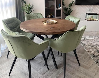 Tavolo da pranzo rotondo in legno, piano in rovere, gambe in metallo nero, idea regalo