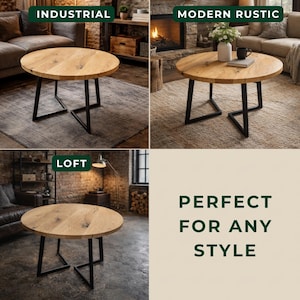 May include: A round coffee table with a natural light wood grain top and a black metal base featuring geometric angled legs. The table is shown in three different room settings labeled Industrial, Modern Rustic, and Loft, with text stating Perfect For Any Style.